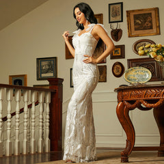 Vestido de noche elegante sin mangas largo con lentejuelas y escote descubierto y espalda descubierta para dama de honor con lazo de lentejuelas