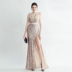 Heavy Industry Ostrich Hair Craft Bundle Hair Oblique Shoulder Side Slit High End Evening Dress