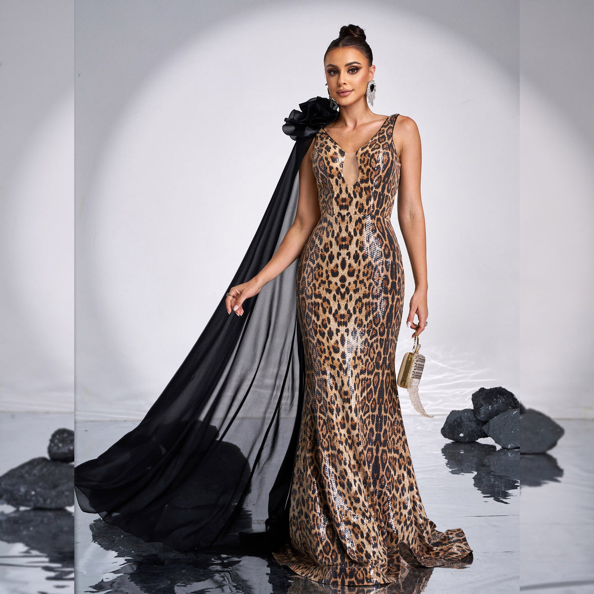 Vestido de noche de alta gama, sin mangas, elegante, con escote en V, largo, con lentejuelas y cola de pez, vestido de dama de honor