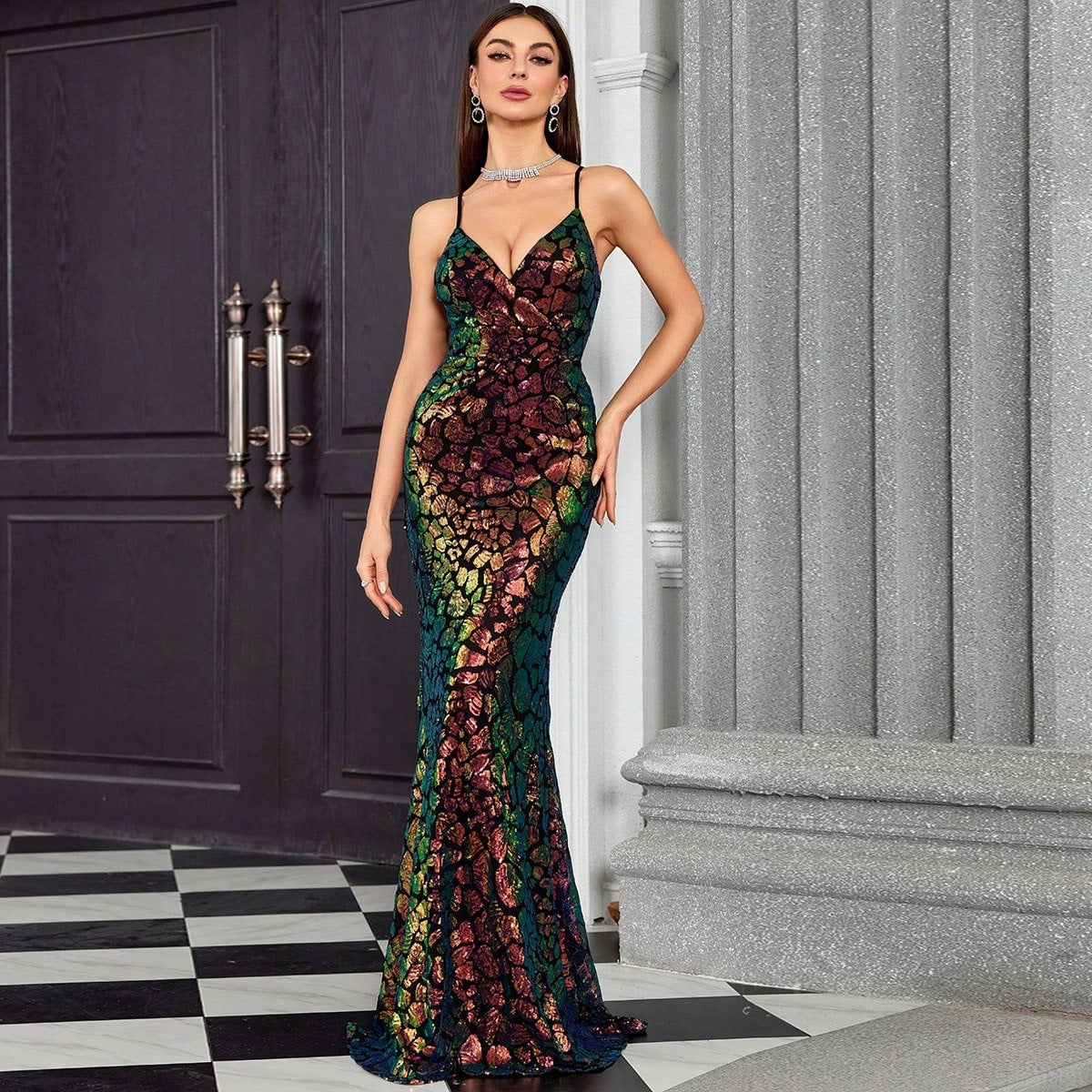 Vestido de noche con escote en V y tirantes, vestido elegante de cola de pez para fiesta anual, anfitrión de fiesta formal