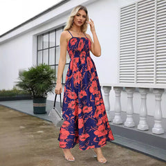 Suspender Printed Backless High Waist Long Dress