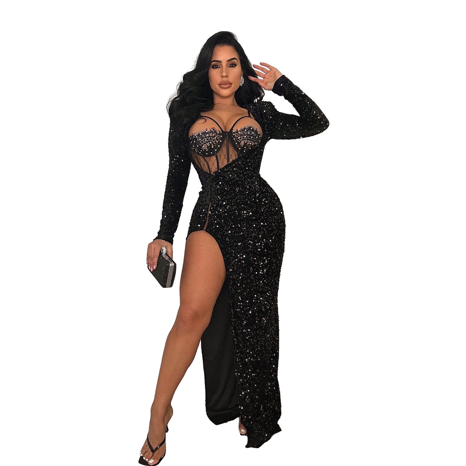 Wear Solid Color Sequ Slit Maxi Dress