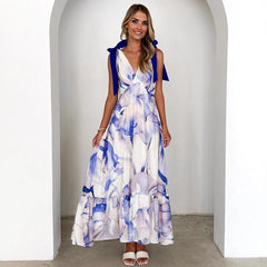 Maxi Dress V neck Sleeveless Printed Dress