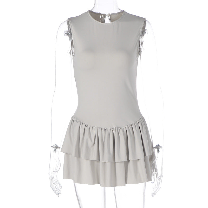 Solid Color round Neck Sleeveless Slim Pleated Short Dress