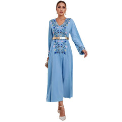 Middle East Muslim Dress Fall V neck Embroidered Slim Dress with Belt
