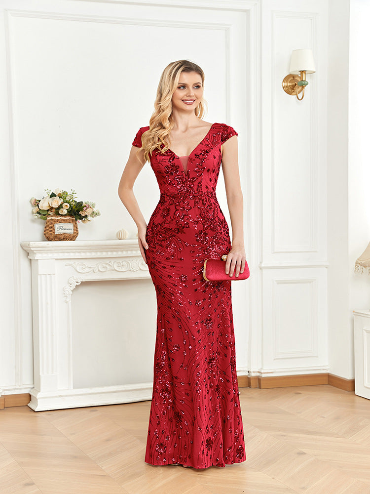 Vestido de cóctel de noche con lentejuelas y champán, corte entallado, cola de pez, largo tostado