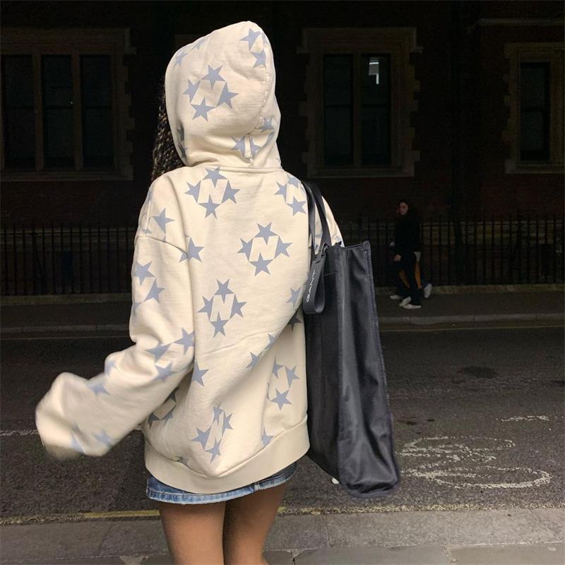 Sudadera con capucha y cremallera Y2k con estampado de estrellas vintage