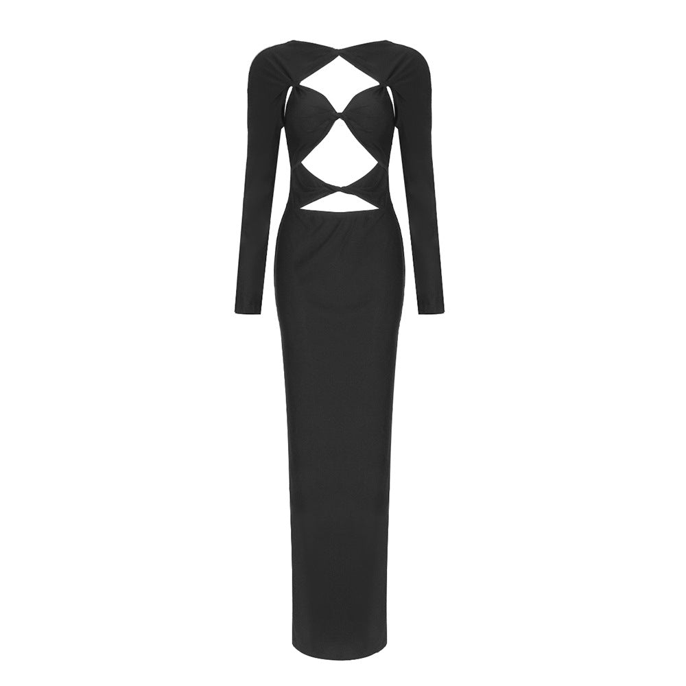 Black Twisted Long Sleeve Hollow Out Cutout Dress Nylon Stretch Dress Winter