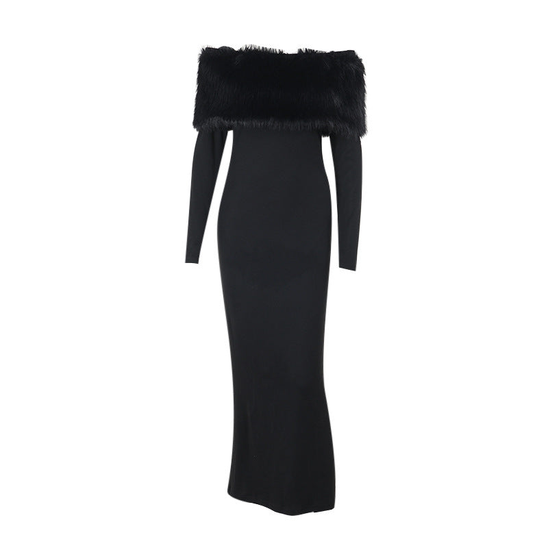 Maxi Dress Elegant off Shoulder Fur Collar Slim Fit