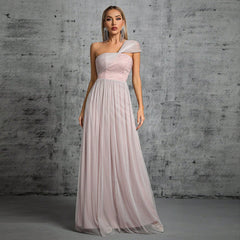 Vestido de noche de un solo hombro para adultos, ceremonia, baile, gasa, cintura adelgazante, elegante, fiesta anual, noche