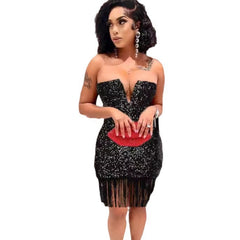 V neck Tube Top Sheath Tassel Sequ Dress