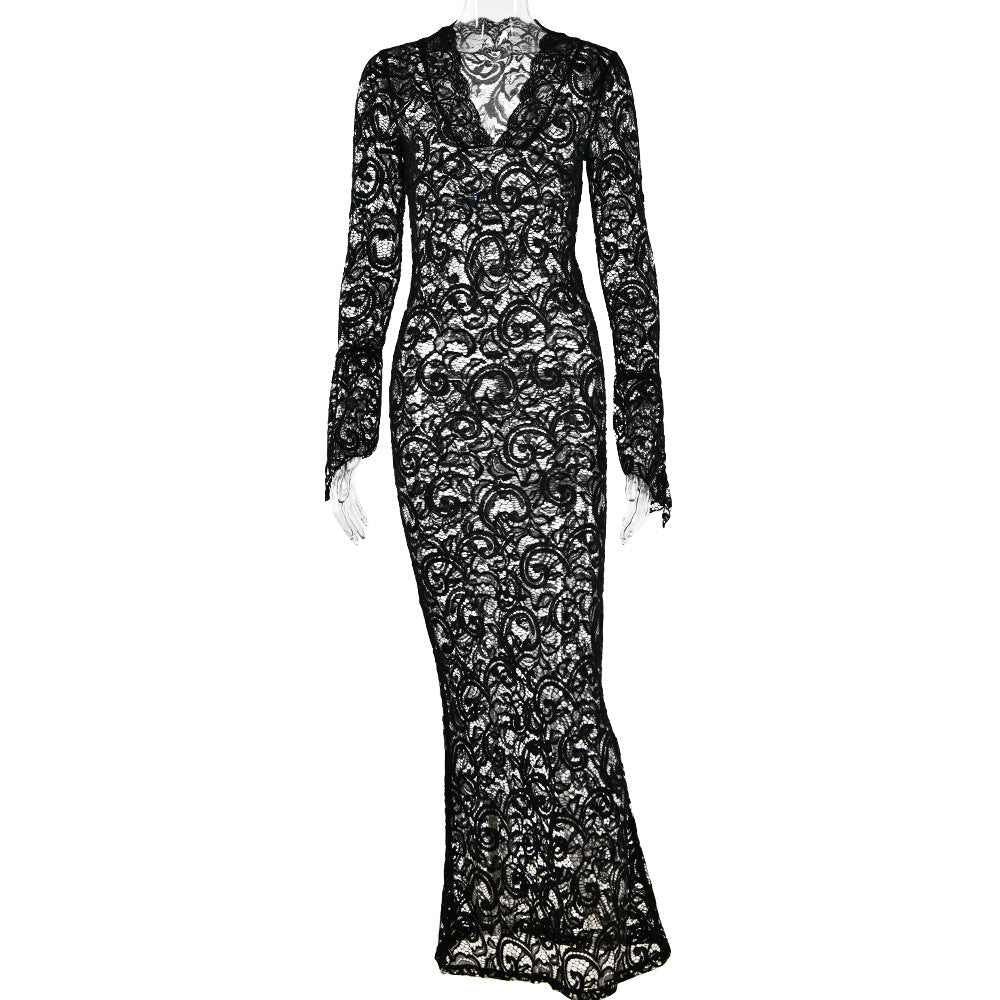 See through Stitching Dress Deep V Plunge Neck Flared Sleeves Maxi Dress