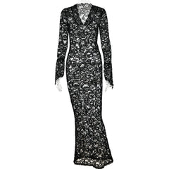 See through Stitching Dress Deep V Plunge Neck Flared Sleeves Maxi Dress
