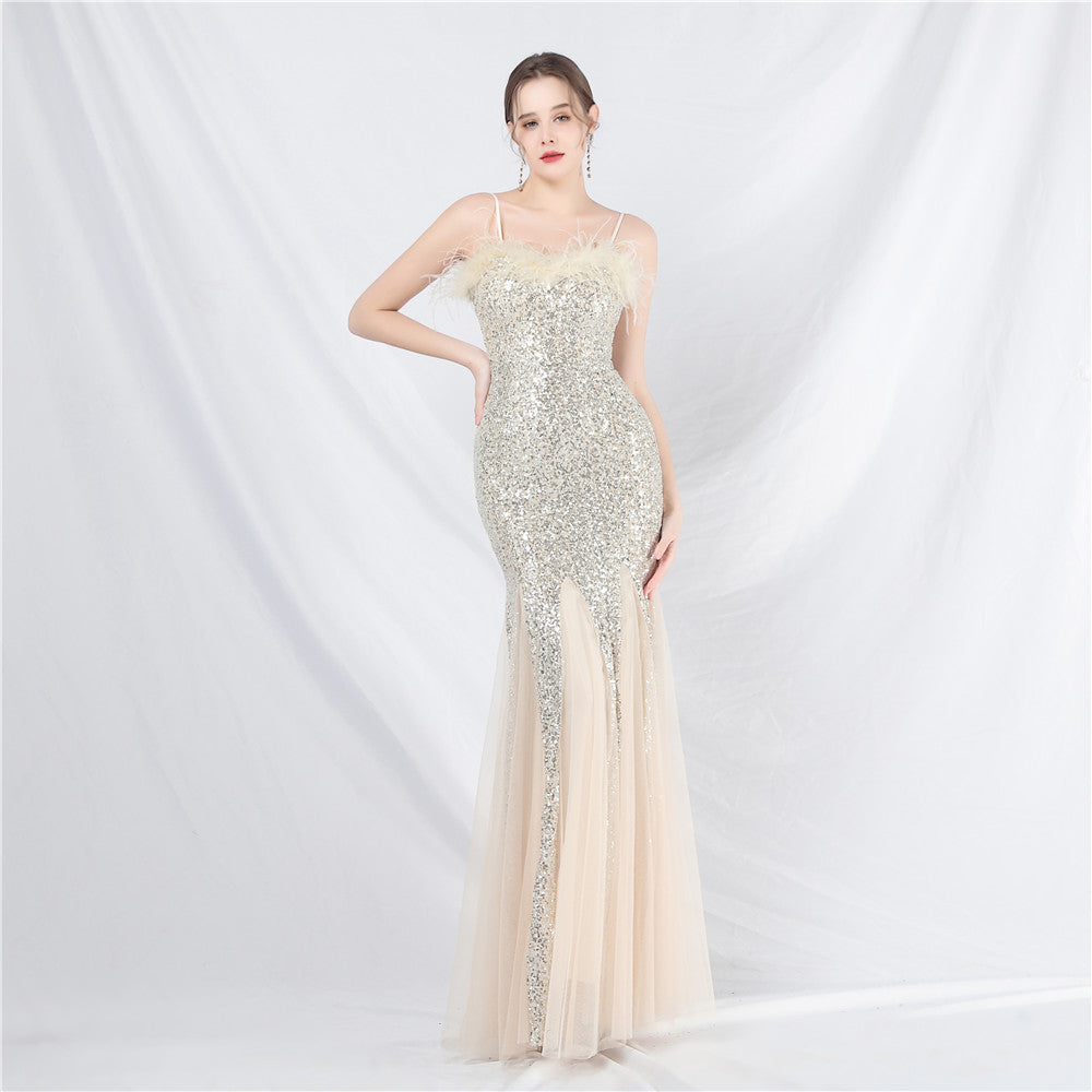 Craft Order Ostrich Feather Mesh Sequined Long Evening Dress