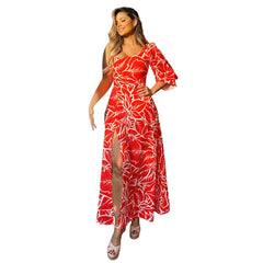 Half Cold Shoulder Elegant Bubble Half Sleeve High Slit Maxi Dress