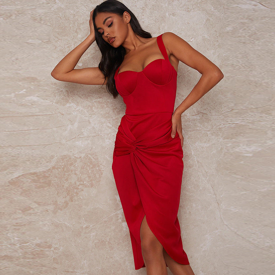 Red Camisole Evening Dress Elegant Split Tube Top Evening Dress Cocktail Party Dress