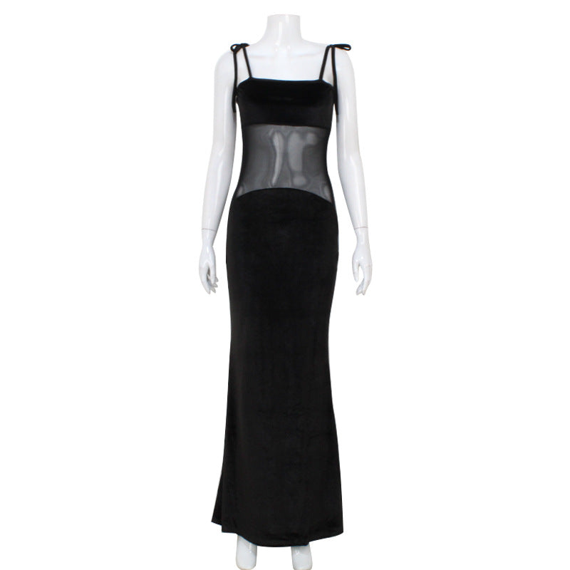 Low Cut Mesh Stitching See through Sling Dress Elegant Slim