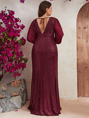 Plus Size Sequin Formal Dress Sequin Long Sleeve V neck Prom Party Dress Fishtail Dress