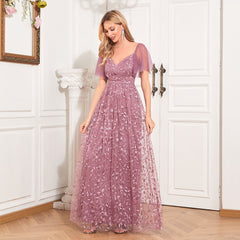 Elegant See through Short Sleeve V neck U Back Evening Dress A line Embroidery Mesh Full Lining Dress