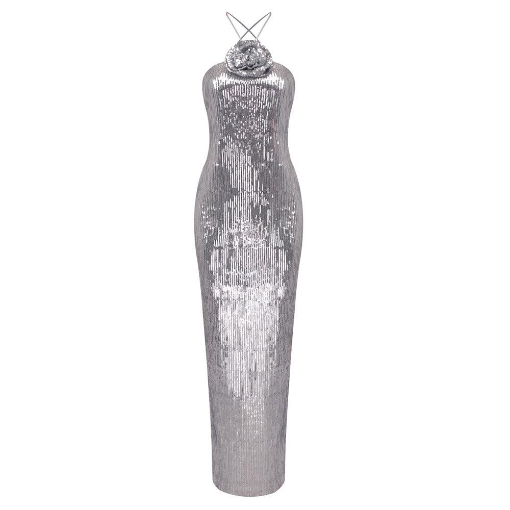 Silver Paillette Dress High Grade Light Luxury Evening Dress Bride Toast Dress Backless