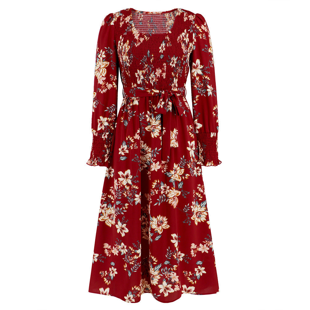 Fall Retro Long Sleeve Smocking Floral Mid Length round Neck Dress Popular