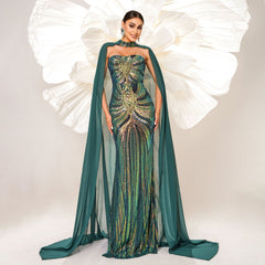 Long Sleeve round Neck Long Sequined Cocktail Cape Fishtail Evening Dress Bridesmaid Dress