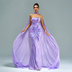 Long Sleeve round Neck Long Sequined Cocktail Cape Fishtail Evening Dress Bridesmaid Dress