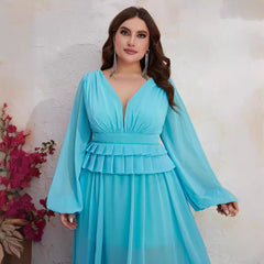 Plus Size Dress Chiffon V Neck Long Sleeve Slimming Dress