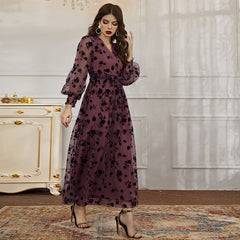 Casual V neck Long Sleeve High Waist Floral Print Long Lace Dress