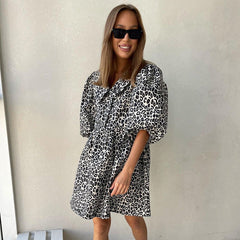 Peter Pan Collar Leopard PrintElegant Dress Half Sleeve A line Dress