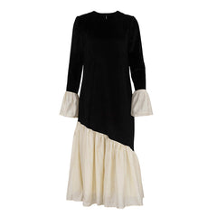 Korean Velvet French Stitching round Neck Flared Sleeves Dress Loose
