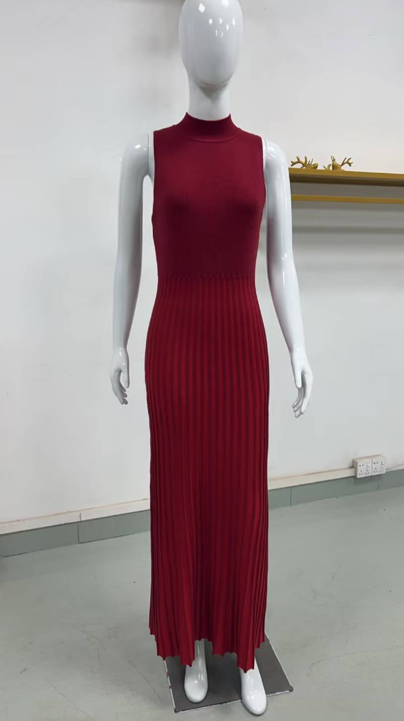 Half Turtleneck Sleeveless Knitted Maxi Skirt Solid Color Pleated Skirt Tight Maxi Dress