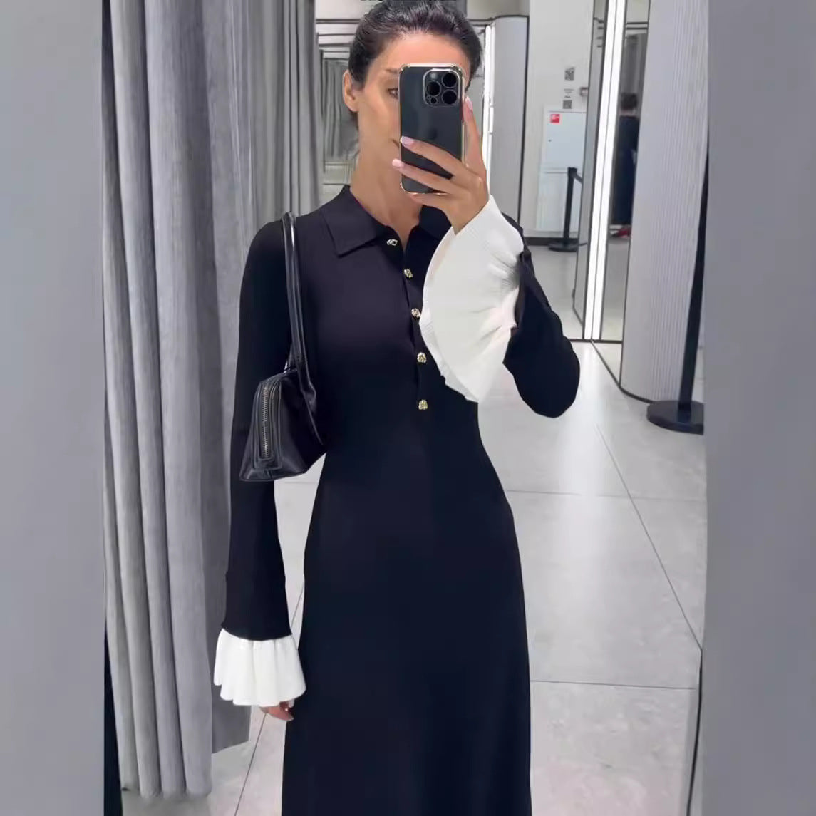 Dehaired Angora Covering Yarn Slimming Patchwork Long Sleeved Knitted Maxi Dress