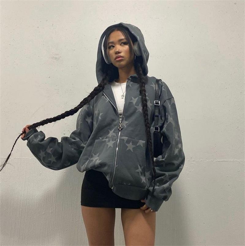 Sudadera con capucha y cremallera Y2k con estampado de estrellas vintage