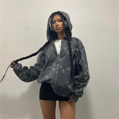Sudadera con capucha y cremallera Y2k con estampado de estrellas vintage