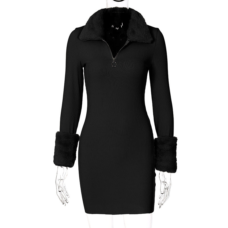 Dress Solid Color Knitted Fur Collar Stitching Plush