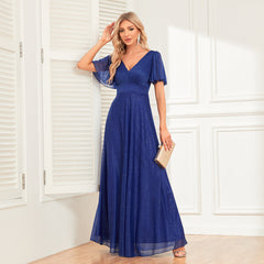 Elegant Double V neck Short Sleeve Shiny Bright Formal Dress A line Fully Lined Chiffon Dress