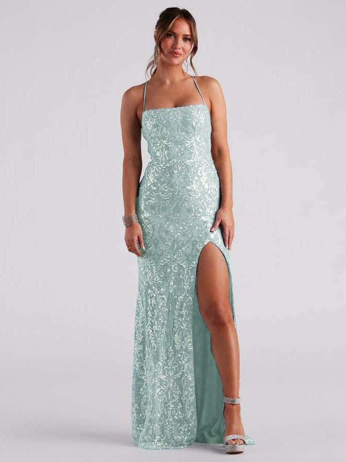 off Neck Sequined Floor Evening Dress Elegant Slit Cocktail Dress (3 Colors)
