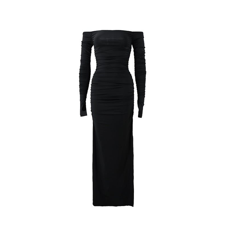 off Neck Backless Pleated Long Sleeve Narrow Split Dress