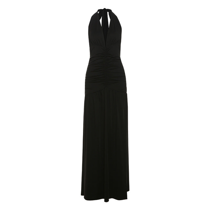 Elegant Halter V neck Dress Slit Pleated Backless Dress