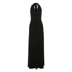 Elegant Halter V neck Dress Slit Pleated Backless Dress
