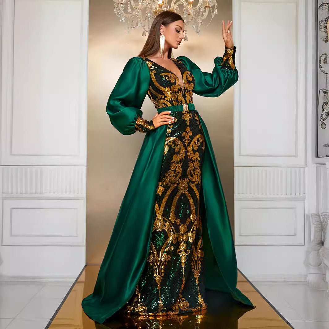 Heavy Industry Dress Sequined Long Sleeve Waist Cloak Party Dress Maxi Dress