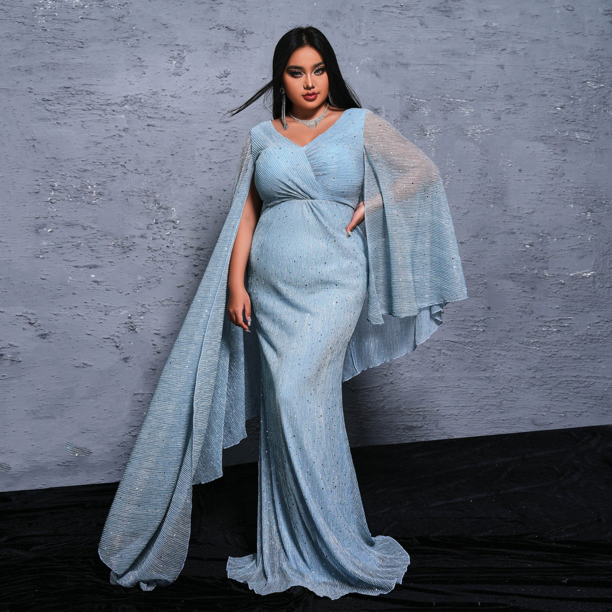 Vestido de noche de cóctel con lentejuelas y cuello en V y manga larga de talla grande