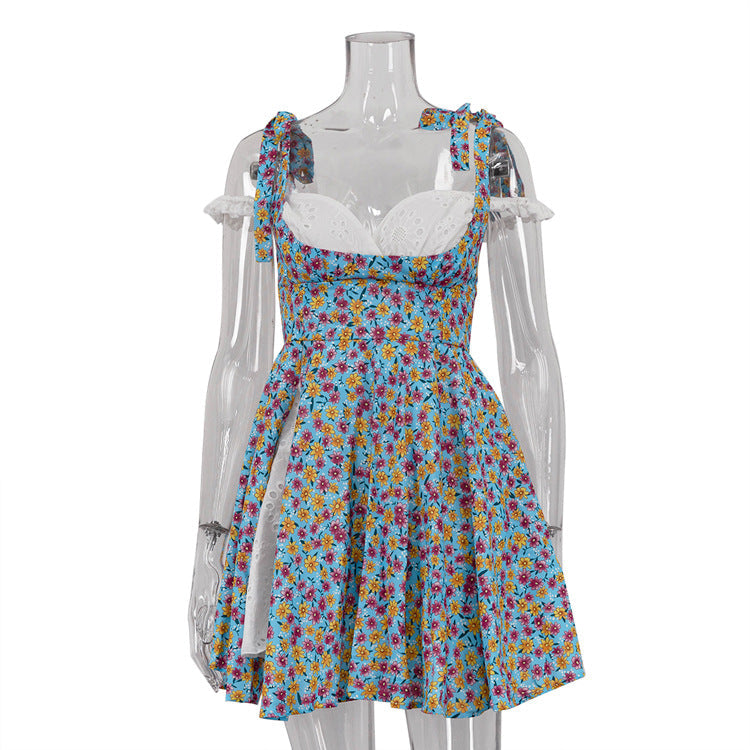 French Floral Slit Dress Niche Design Splicing Sling Dress