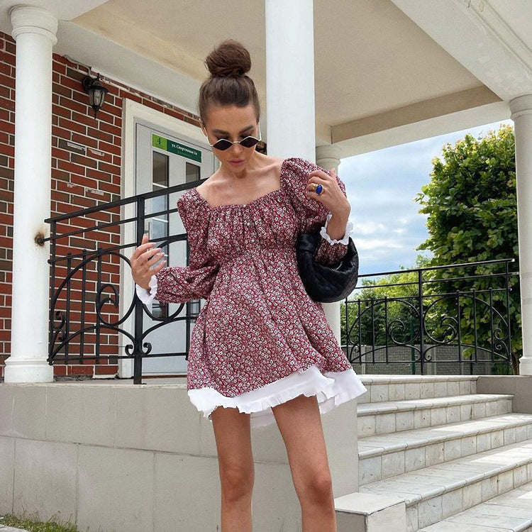 Printed Dress Puff Sleeve Square Collar Slimming A line Dress Floral Dress