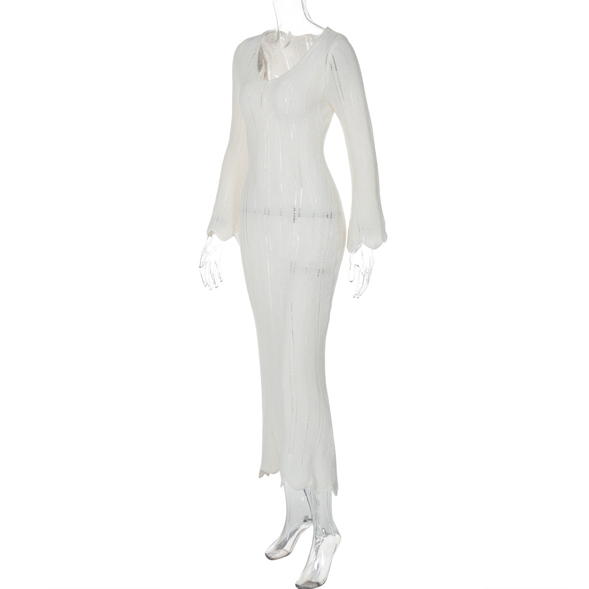 Solid Color Woolen Dress Long Sleeve U Collar Slim Fit Dress