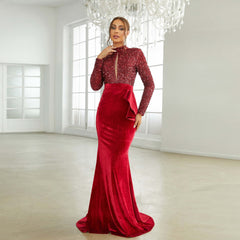Long Sleeved Sequined round Neck Annual Party Party Evening Dress Bridesmaid Dress for