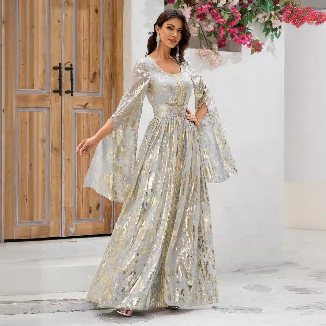 Vestido de cóctel de noche para mujer, manga larga, estampado bronceado, cintura árabe