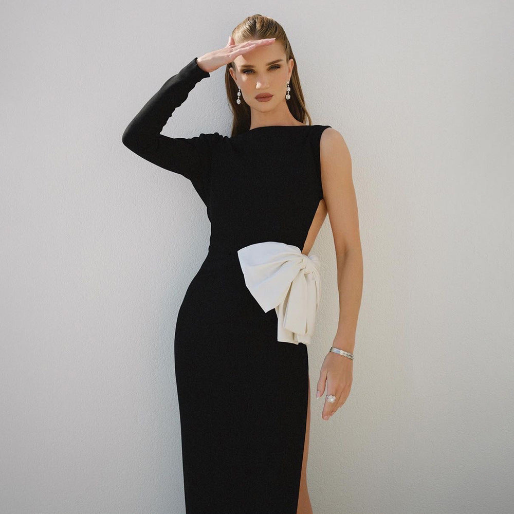 Black One Shoulder Long Sleeve White Bow Formal Dress Oblique Shoulder AmiEmi Black One Shoulder Long Sleeve White Bow Formal Dress Oblique Shoulder AmiEmi