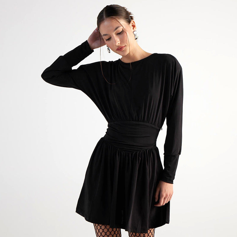 Vestido corto plisado ajustado con cintura de manga larga retro de color sólido
